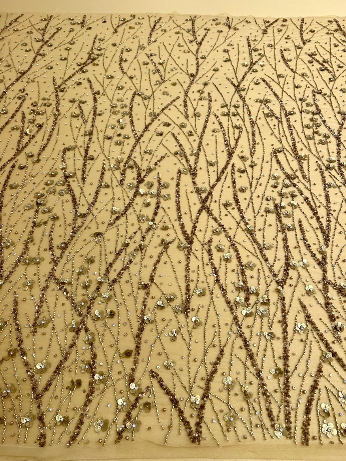 Antique-gold haute-couture lace with mirrors and beads