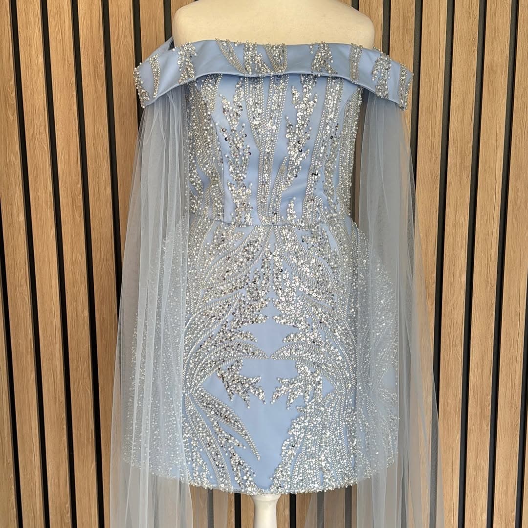 Silver hand-beaded couture gown with tulle cape, on a mannequin